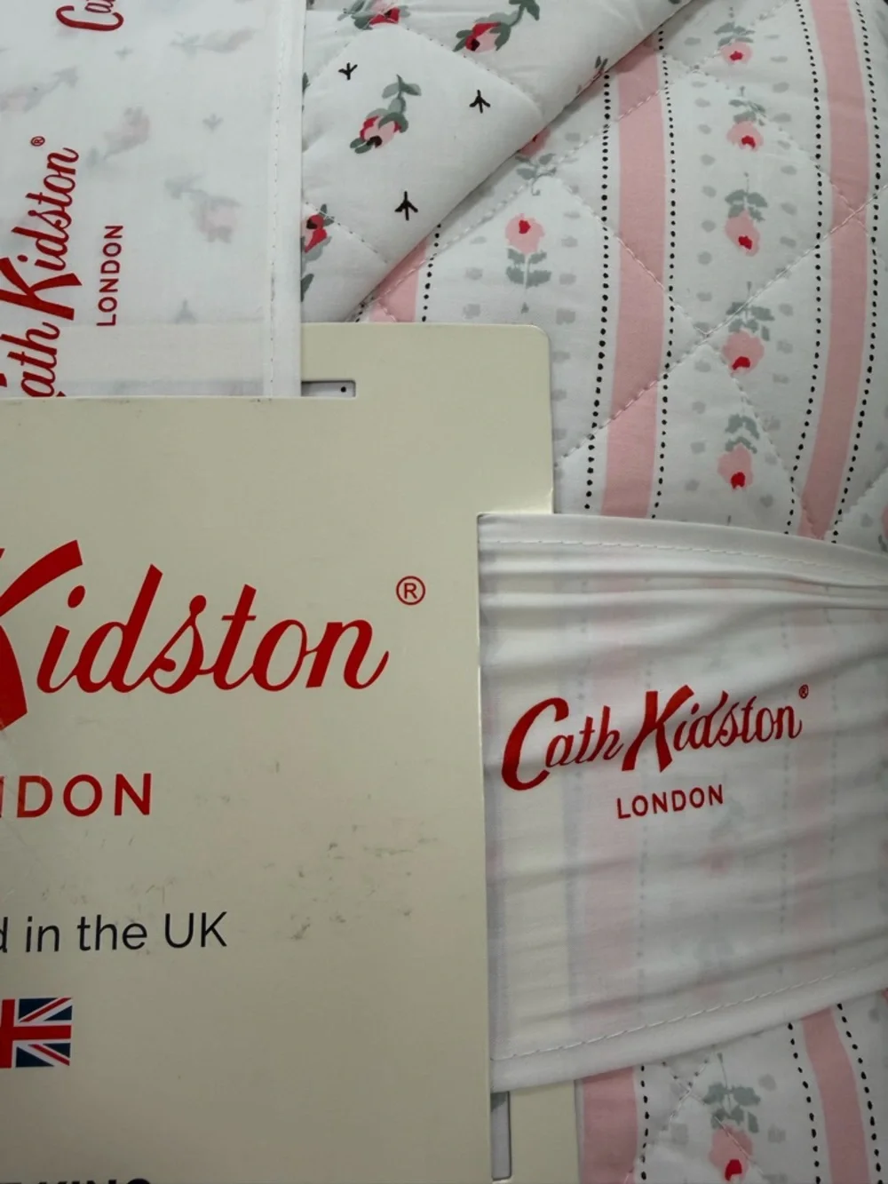 Cath Kidston White and Pink Floral Stripe King Quilt Set ~ Rosebud Stripe Pink